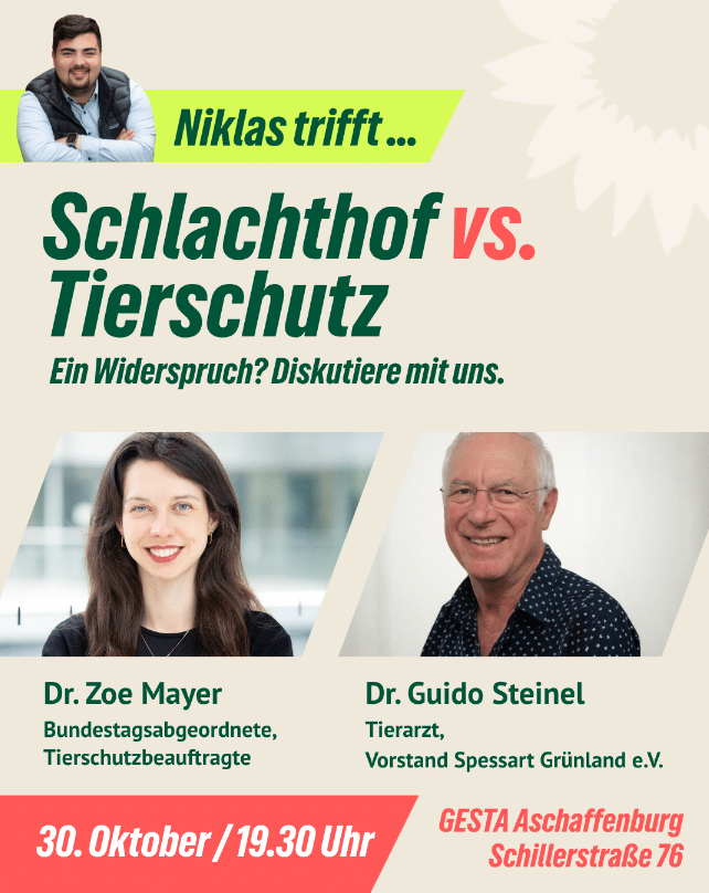 Schlachthof vs. Tierschutz: Ein Widerspruch? Diskussionsabend mit Niklas Wagener, Dr. Zoe Meyer und Dr. Guido Steinl